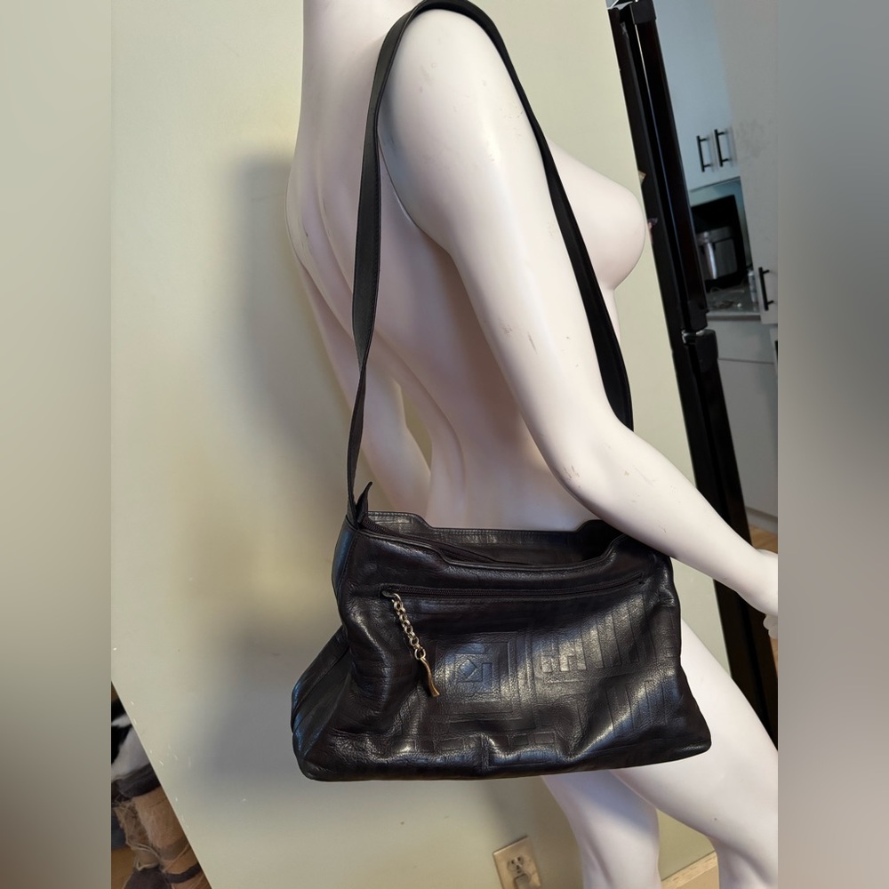 Black Leather Embossed “Due Fratelli”Shoulder Bag
